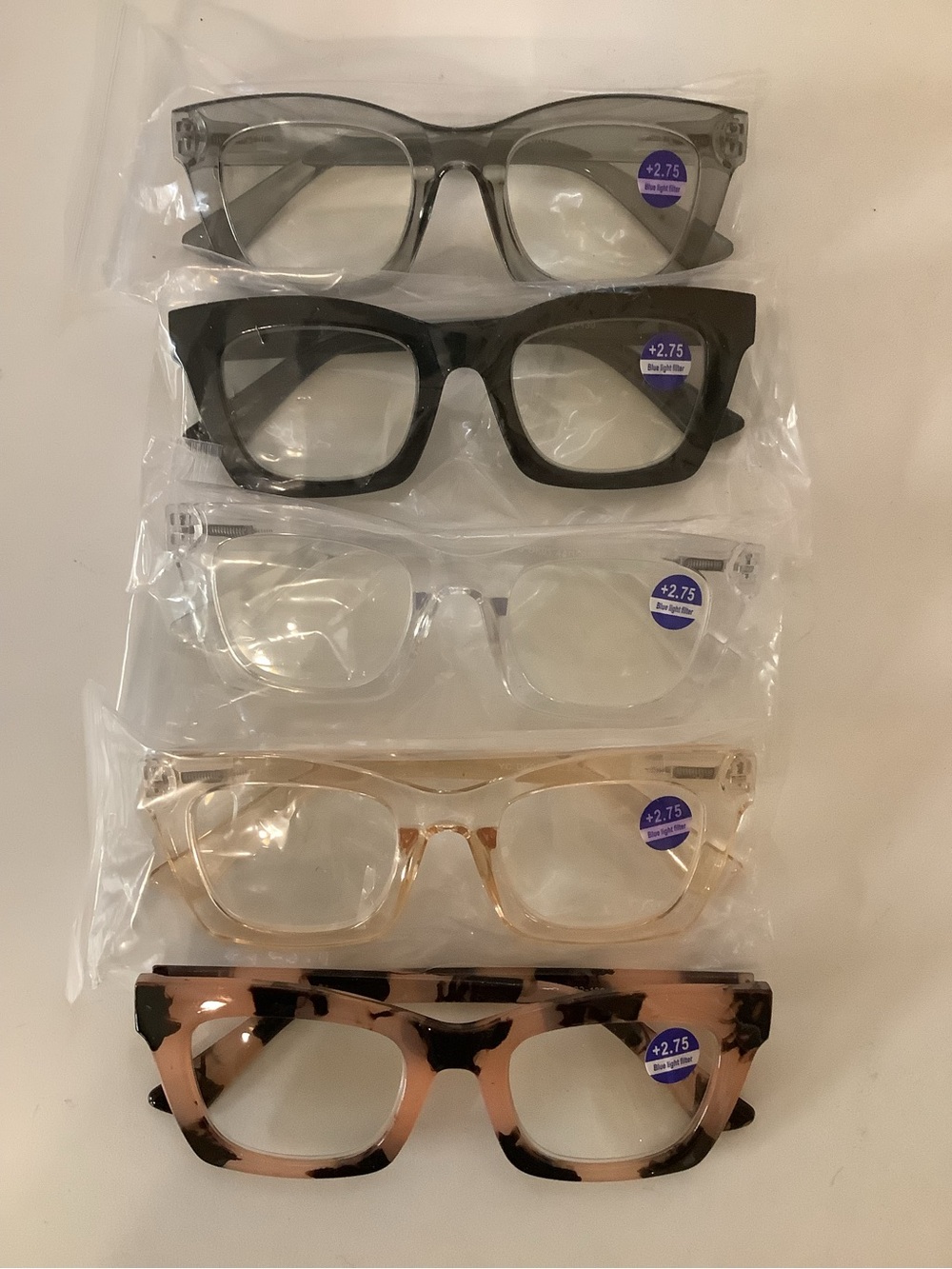 Women’s Reading Glasses +2.75 Blue Light Filter, (Set of 5) & 4 Sleeves. New